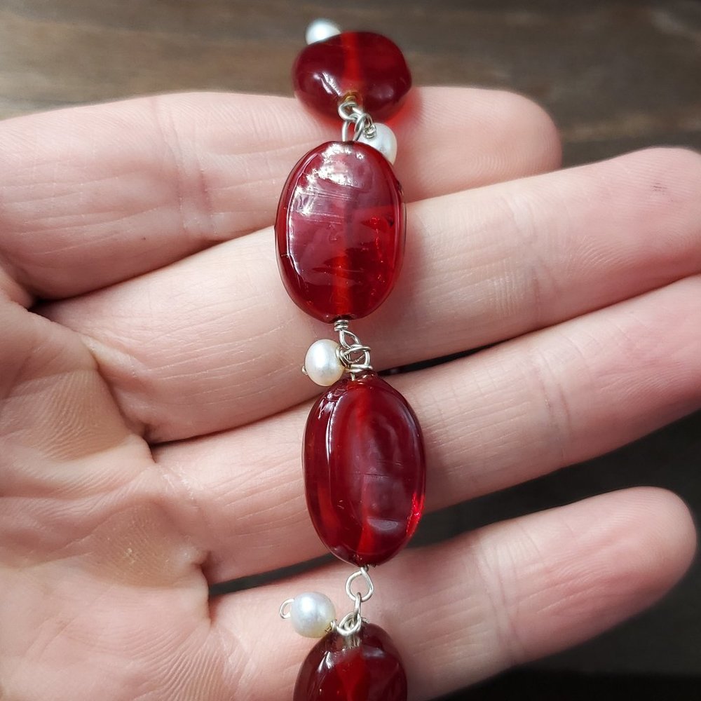 7 Inch Sterling Silver Genuine Pearls And Red Glass Bracelet